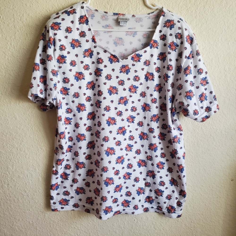 Carriage‎ Court VTG Padded Shoulder Floral Short Sleeve Womens Shirt Large